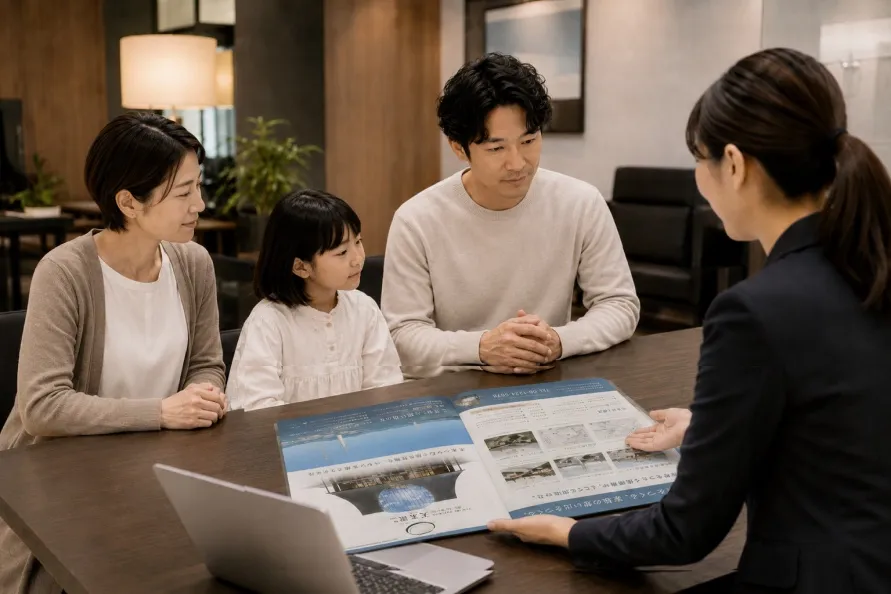 マンションギャラリーでスタッフから説明を受けるご家族